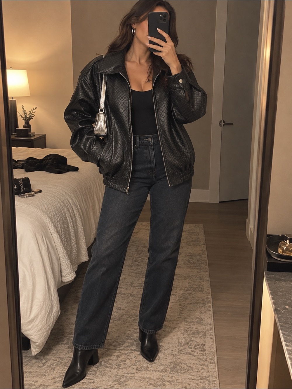 Fashion Nova Black Quilted Faux Leather Bomber Jacket